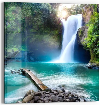 Produktbild von DEQORI Glasbild Echtglas 30x30 cm 'Tegenungan Wasserfall' Wandbild Bild modern Deko