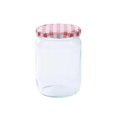 A clear studio shot of a glass jar with a red and white checkered lid.