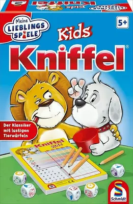 The image shows the packaging of a board game called 'Kniffel Kids' by Schmidt Spiele. The packaging features cartoon characters of a lion and a dog, along with game components like dice, a scorepad, and pencils.