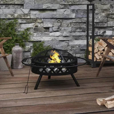 Produktbild von Möbel Feuerschale mit Schürhaken 70 cm XXL Stahl - Feuerkörbe & -schalen &35009