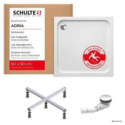 Produktbild von Schulte Duschwanne Adria 90x90 cm, inkl. Antirutsch-Beschichtung, Sanitäracryl Weiß, Set mit Fußgestell + Ablauf