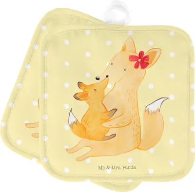 Produktbild von Mr. & Mrs. Panda Topfuntersetzer Fuchs Mama - Gelb Pastell - Geschenk, Muttertag, Tochter, Ofenlappen, Mutter, Topflappen Set, topfhalter, Kochlappen, Schoß