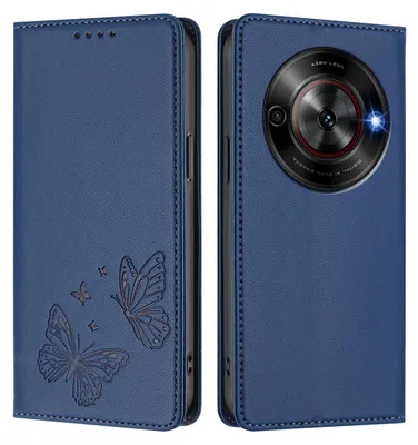 Produktbild von Lederhülle für ZTE Blade A75 5G, Schmetterling Prägung Leder Brieftasche Schutzhülle mit Ständer Dunkelblau