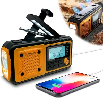 Zdjęcie produktu dla Radio słoneczne, radio na korbkę z własnym zasilaniem i latarką LED, awaryjne radio pogodowe AM/FM, dynamo na korbkę do awaryjnego ładowania smartfona