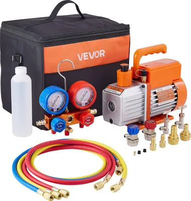 Obrázok produktu pre VEVOR 113 l/min vákuová pumpa, jednostupňová, rotačná vákuová pumpa HVAC, sada manometrov na distribúciu chladiva A/C, s detektorom úniku, prenosná taška, pre chladivá R134a, R22, R410a, R1234YF