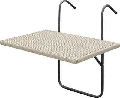 A balcony hanging table with a woven surface and metal frame, shown against a white background.