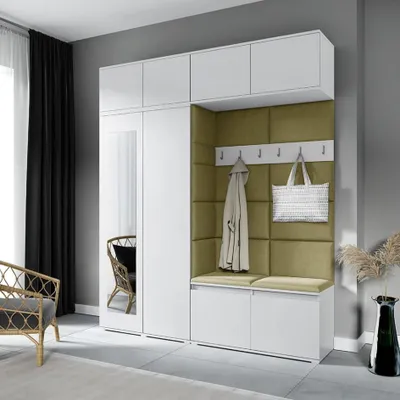 Produktbild von Garderoben-Set NIKOLA, Kleiderschrank mit Polsterplatten, Schuhschrank und Schrankaufsatz 90 cm –Ideal für Flur und Eingangsbereich (Weiß, Trinity 27)