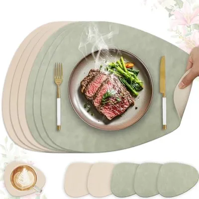 Produktbild von 6er Set Tischset aus Kunstleder,Platzsets abwaschbar und wasserdicht,Platzdeckchen Lederoptik mit Untersetzer,Tischuntersetzer Doppelseitigen rutschfest(Oval,Hellgrün+Beige)