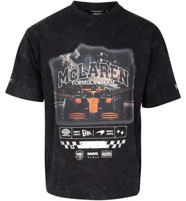 Produktbild von McLaren F1 T-Shirt Washed Graphic New Era, Offizieller Fanartikel, Schwarzes Oversized Shirt mit Mineral-Wash und F1-Grafik-Print, 100% Baumwolle
