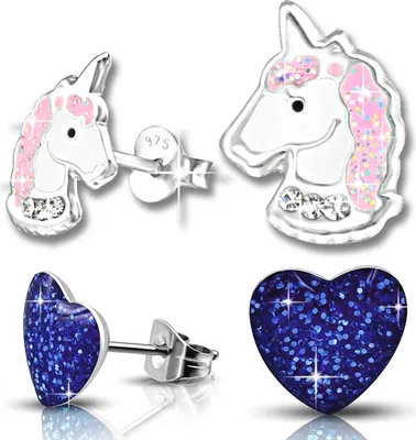 Produktbild von 2x Kinder Ohrringe Echt 925 Silber Pferde Einhorn Mädchen Ohrstecker Herz Edelstahl K207+K249
