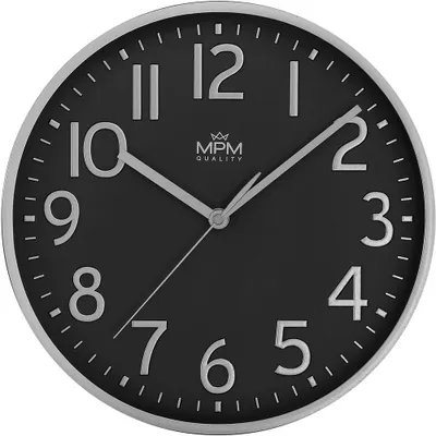 Obrázek produktu pro MPM-Quality Naxer – Nástěnné kulaté hodiny plastové se sklem, tichý plynulý chod, černé, průměr 29.2 cm, 3D arabské číslice, quartz strojek