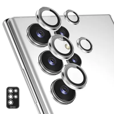 Produktbild von Für Samsung Galaxy S23 Ultra Aluminium Ring Kamera + H9 Hart Glas Film Silber
