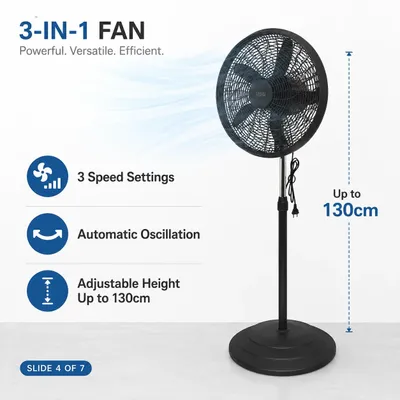 Image de Ventilateur - 3 en 1 : ventilateur sur pied, mural et de table - 75 W - 50 cm - 3 vitesses - Oscillation automatique - Réglable en hauteur - Noir