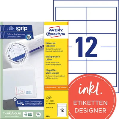 Produktbild von Avery Zweckform 3659 Universal-Etiketten, A4 mit ultragrip,  Adressaufkleber 97 x 42,3 mm, weiß