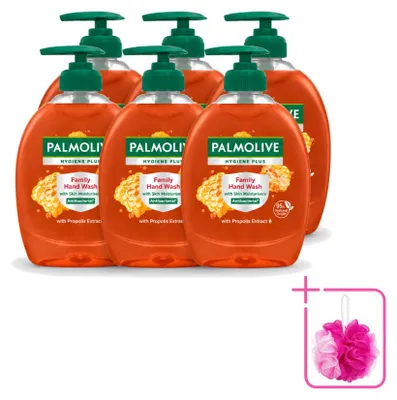 Immagine prodotto di 6 flaconi di sapone liquido per le mani Palmolive Hygiene Plus, formato famiglia, 300 ml ciascuno. Confezione risparmio, 6 pezzi