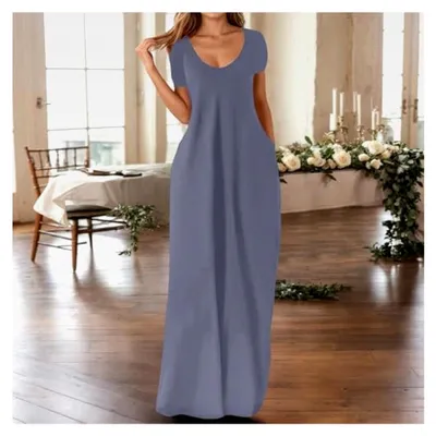 Produktbild von Maxikleid Damen Sommer Langarm Einfarbig Strandkleid Locker A-Linie Sommerkleider Große Größen Freizeitkleider mit Taschen