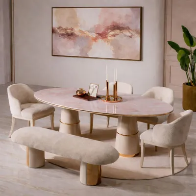 Immagine prodotto di Set da pranzo moderno color beige: tavolo da pranzo ovale, sedie e panca imbottita