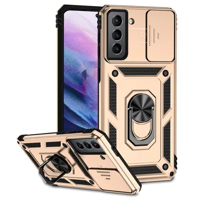 Immagine prodotto di Custodia per Samsung Galaxy S21 5G a doppio strato con copertura scorrevole della fotocamera e supporto ad anello Oro