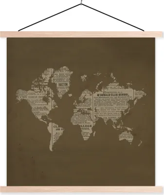 Produktbild von MuchoWow® Textilposter Weltkarte - Zeitung - Braun 120x120 cm mit holzfarbenen Rahmen - Textil-Poster