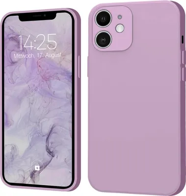 A product shot showing a phone case for an iPhone 12 in purple, displayed from the front and back.