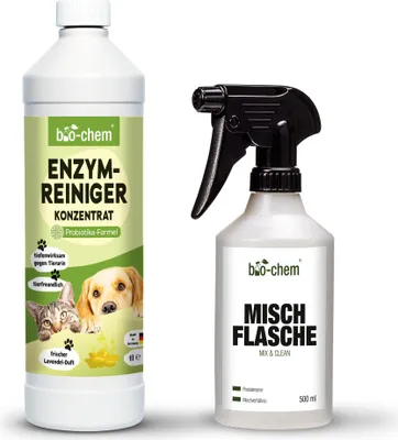 Produktbild von bio-chem Enzymreiniger Konzentrat 1000 ml inkl. Spray Flasche - Tiefenwirksamer Geruchsentferner gegen Urin, Katzenurin & Hundeurin - Mikrobiologischer Geruchsneutralisierer für Hunde & Katzen Geruch
