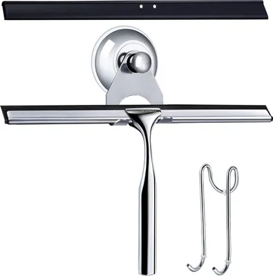 Image de Raclette de douche en acier inoxydable avec ventouse et lèvre en caoutchouc, Set de raclettes de douche pour salle de bain murale