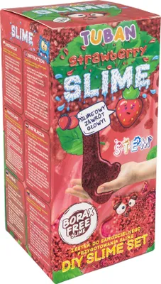 The image shows the front and side of a product box for a strawberry-themed DIY slime kit.