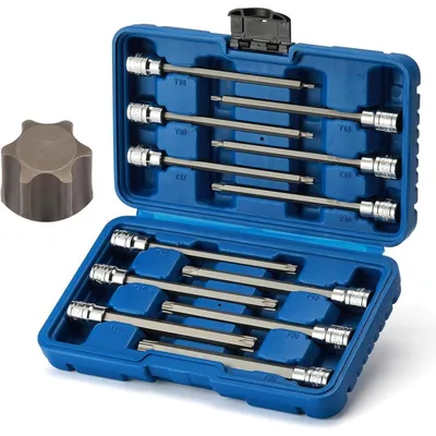 Immagine prodotto di Set di chiavi a bussola Torx extra lunghe, 12 pezzi, 3/8", da T10 a T60, acciaio CR-V S2, lunghezza 150 mm