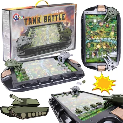 A collage of images showing a board game called Tank Battle, including the game box, the game board with tanks, and a separate illustration of a tank.