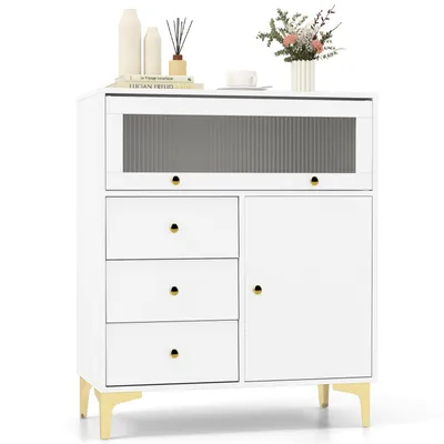 Produktbild von GOPLUS Kommode, Sideboard mit 3 Schubladen & Schränken, Aufbewahrungsschrank mit klappbarer Tür & Metallfüße, Weiß