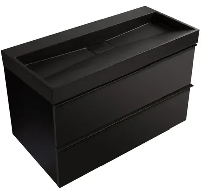 Productafbeelding van Badkamermeubel Velora - mat zwart, zwarte handgreep + wastafel van composietsteen Vita - mat zwart - 100x63x46,5 cm