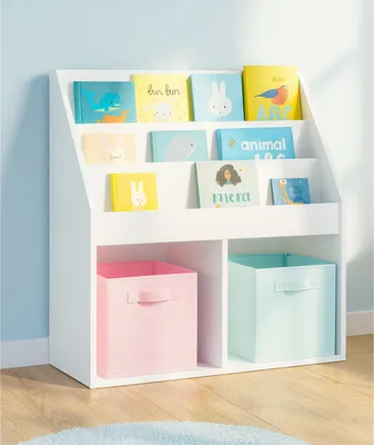 A white bookshelf filled with children's books and storage bins.