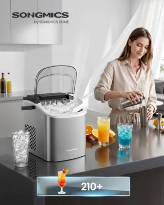 Produktbild von SONGMICS Eiswürfelbereiter tragbar, Eiswürfelmaschine mit Selbstreinigung, 2 Würfelgrößen, für Küche, Camping, Party, silbern