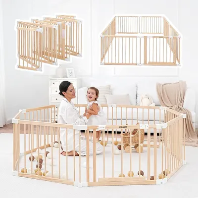 Produktbild von Laufgitter Baby faltbar aus Holz 172 x 172 cm – Baby Laufstall mit Tür, 8 Paneelen und Saugnäpfen, stabiler Spielbereich für Babys