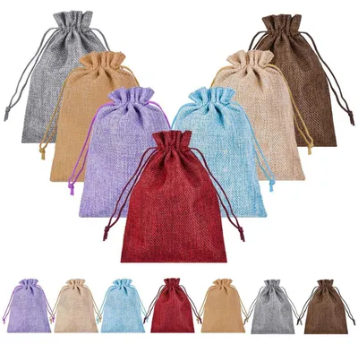 Productafbeelding van Jute zakjes adventskalender, 35 stuks, 13x18 cm, met trekkoord, in verschillende kleuren, voor Kerstmis
