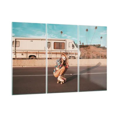 Produktbild von Bilder auf glas - 3 Teile - Reise Frau Rollschuhe - 105x70cm - Glasbilder - Wandbilder - Bilder - zum Aufhängen bereit - Wanddekoration aus Glas - Glas Bilder - Wandbild auf Glas - GCE105x70-5079