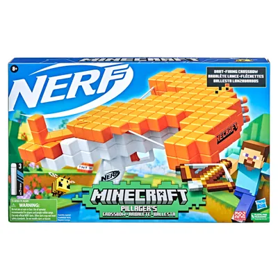 The image shows the packaging of a Nerf Minecraft Pillagers Crossbow toy. The packaging features the toy prominently, along with Minecraft-themed graphics and characters.