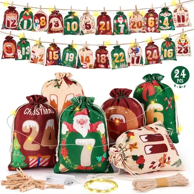 Produktbild von Adventskalender zum Befüllen 2025 mit LED-Beleuchtung – 24 große Adventskalender-Stoffbeutel