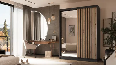 Produktbild von ALTDECOR Kleiderschrank mit Spiegel und Schiebetüren, kugelgelagerte Führungsschienen und Aluminium-Leisten - LAMELO - 160 cm - Schwarz/Artisan/Schwarz