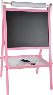 Produktbild von Bandits & Angels Kreidetafel in Rosa für Jungen und Mädchen (ab 3 Jahren) – Kreidetafel, Whiteboard, Magnettafel – mit Papierrolle und 10 Zubehörteilen – Holz – Rosa/Weiß