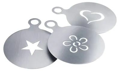 3er-Set Dekorationsschablonen, Edelstahl, ø 10 cm, Herz, Stern, Blume