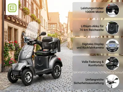 Image de Scooter électrique pour seniors Venezia, batterie au lithium, 4 roues, 1 000 watts, gris
