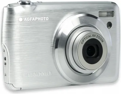 A silver Agfaphoto compact digital camera is shown from a front-side angle against a white background.