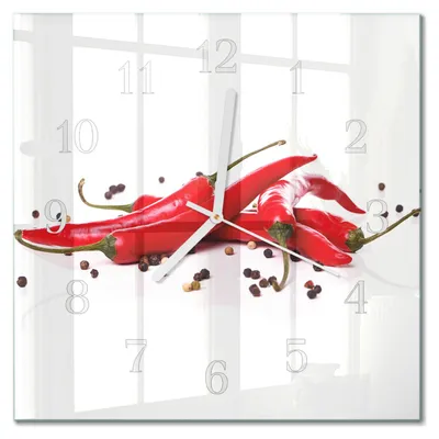 Immagine prodotto di Orologio da parete Tulup Glasuhr, orologio da cucina, vetro vero, 30x30 cm, design moderno e decorativo, silenzioso, lancette bianche - motivo peperoncino