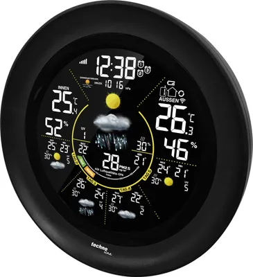 A digital weather station displaying various weather data and forecasts.