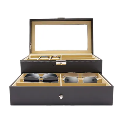 Produktbild von Šperkovnice Watch Box 9 + 6 slotů Šperkovnice Glasses Box Watch Case s čirým sklem Top