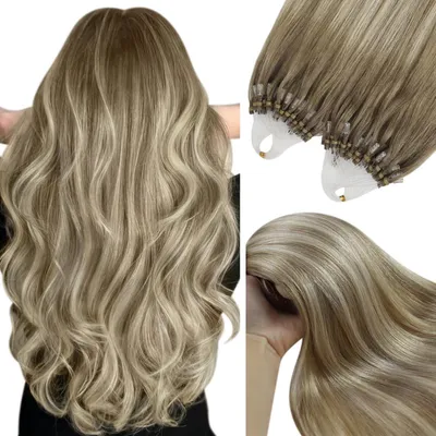 Produktbild von Echthaar Microring Extensions Ombre 60cm Hellbraun Balayage Blond 50g