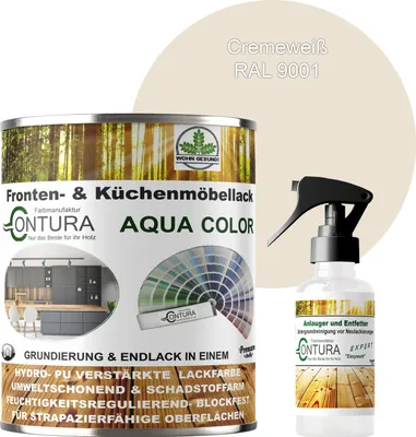 Produktbild von 750ml. + Anlauger - Contura Küchenmöbellack RAL Möbellack SEIDENMATT SET Möbelfarbe Holzlack Buntlack Küchenlack - RAL 9001 Cremeweiß