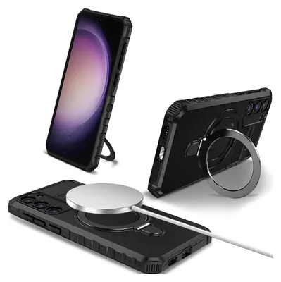 Immagine prodotto di Custodia per Samsung Galaxy S23 magnetica con MagSafe, supporto per anello, supporto, custodia protettiva a doppio strato nera