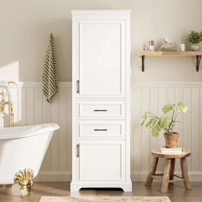 Produktbild von Flieks Badezimmer-Hochschrank mit zwei Schubladen, vier Ablagefächern, verstellbaren Einlegeböden, Standschrank 60x40x180cm, Holzschrank, Weiß